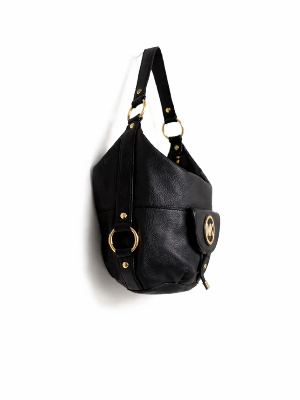 Michael Kors Fulton Hobo Bag Black Leather Gold Logo Shoulder Bag Large - Picture 3 of 7